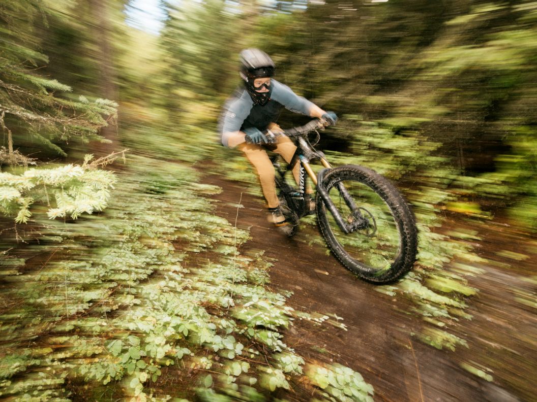 A rider picks up speed on a lush trail. 